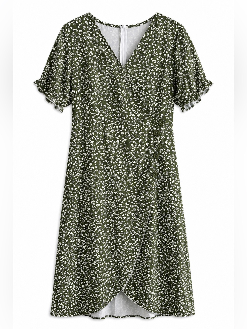 NWOT Women Midi Dress Green and White Floral Pattern V Neck Ruffle Sleeves M